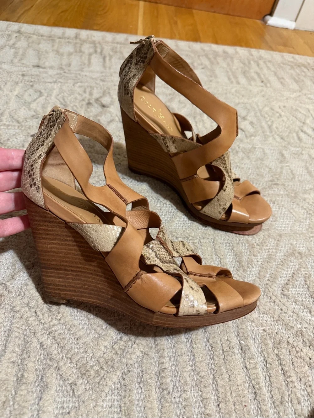 Cole Haan Tan Wedge Sandals with Snake-Print Straps